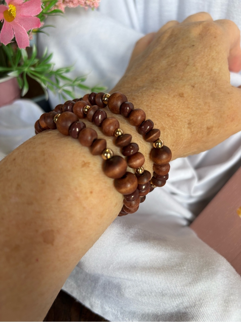 Park Lane Driftwood Brown Wooden and Golden Bead Bracelet Set of 3 - Picture 5 of 8